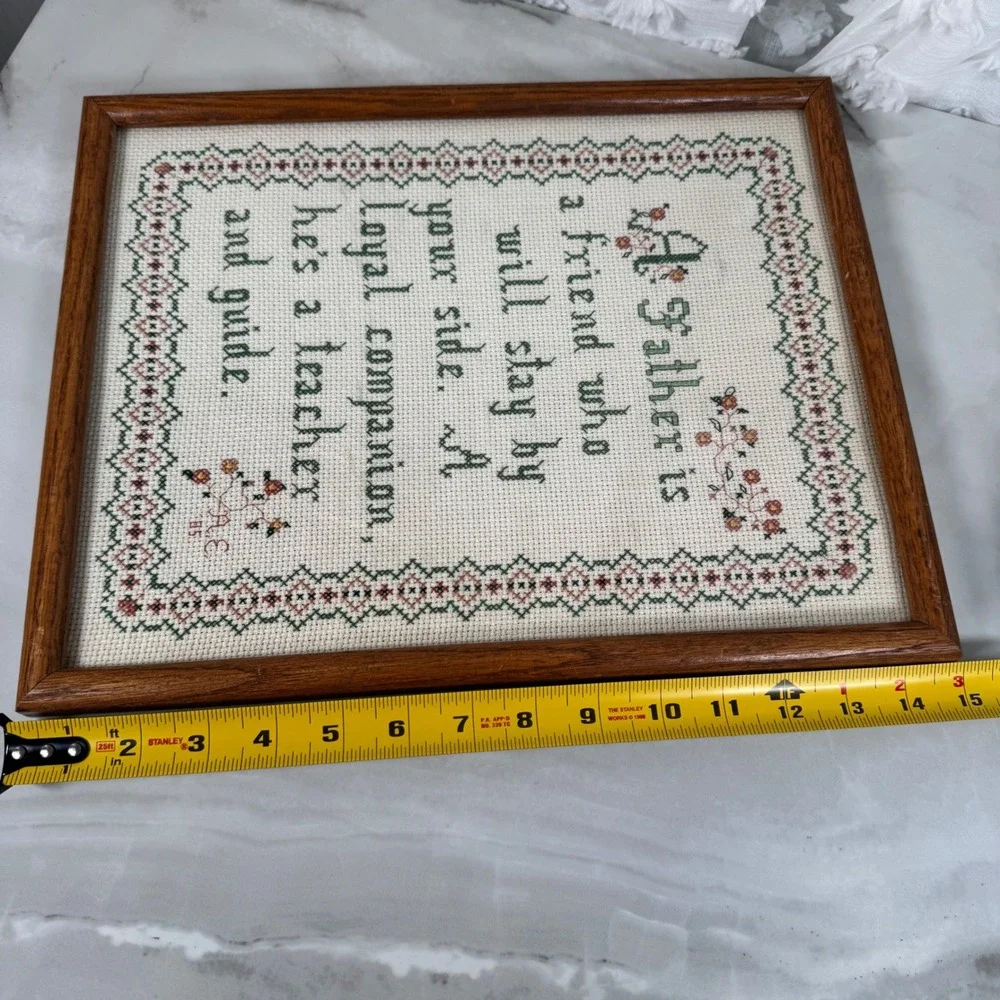 Vintage 1985 Finished Cross Stitch A Father is a Friend Poem Framed Father's Day